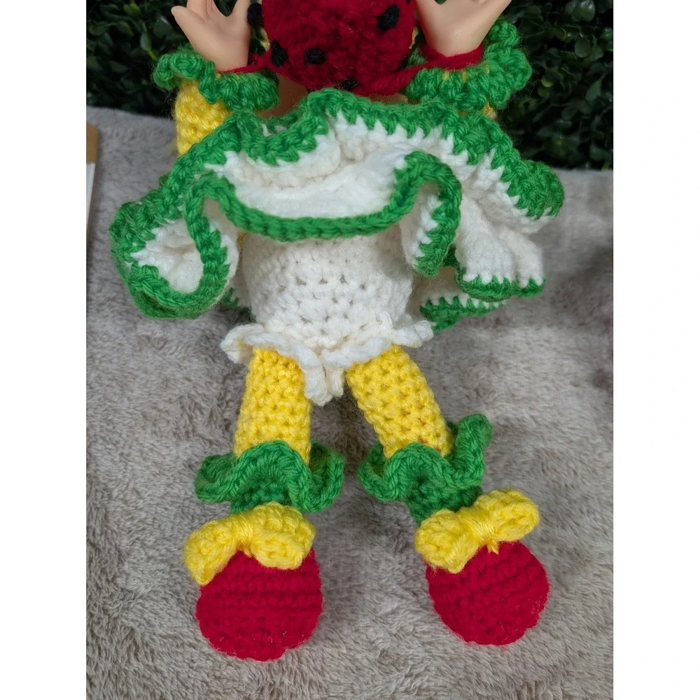Handmade Crochet Strawberry Shortcake Inspired Doll Red Green Yellow Vinyl‎ Face